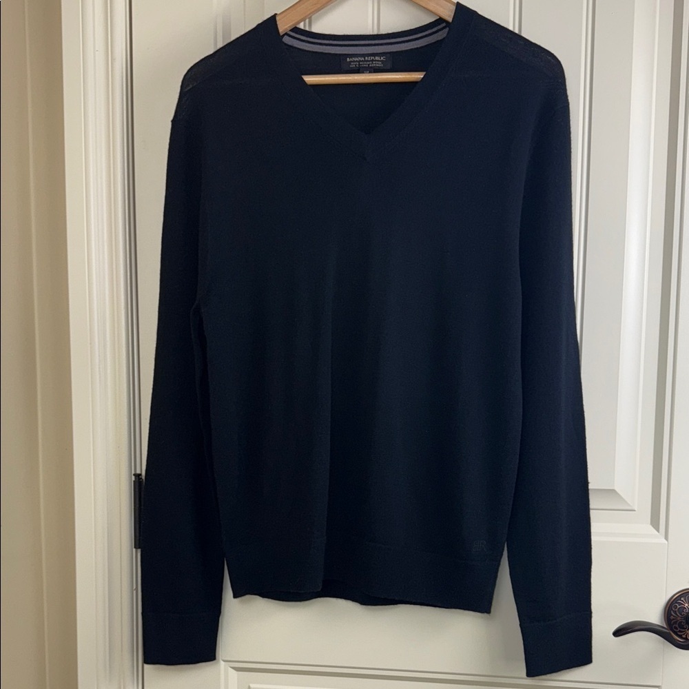 Banana Republic Men's Merino Wool V-Neck Sweater Lightweight Dark Navy Blue Sz S